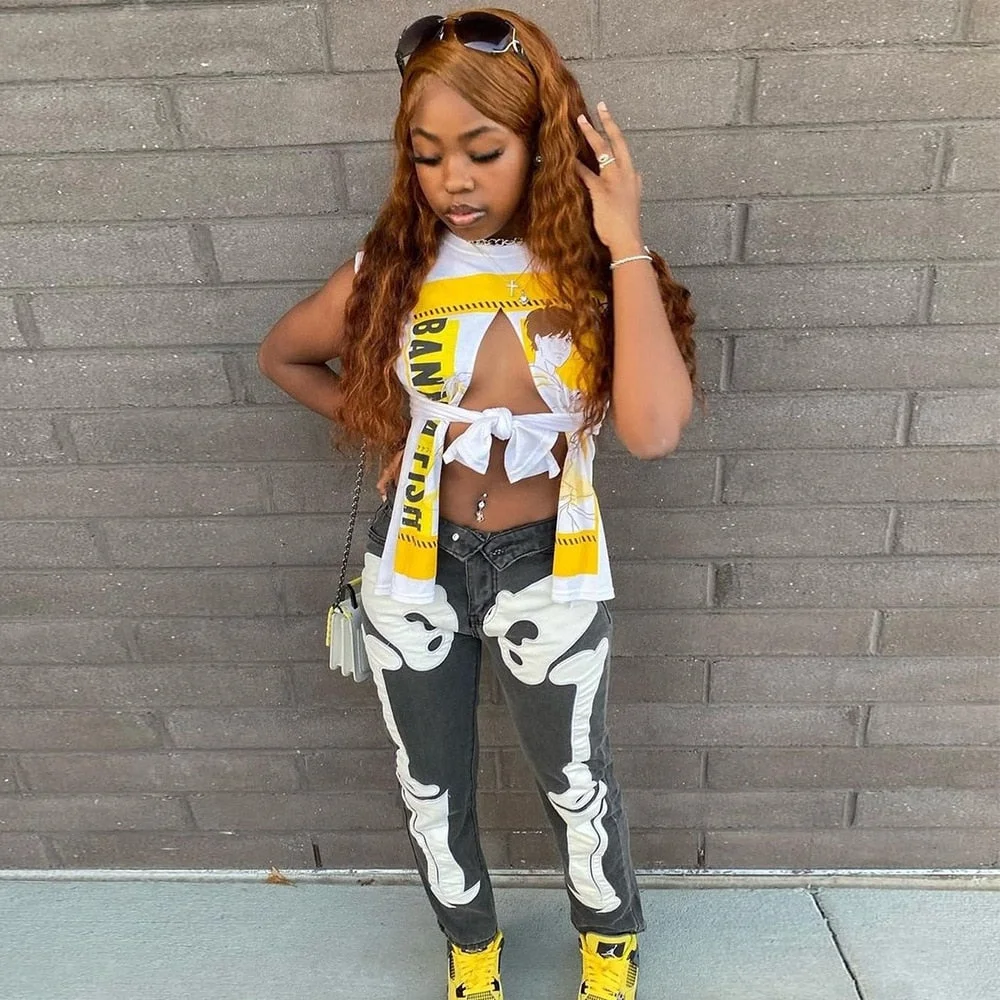 ANJAMANOR Graphic T Shirts Streetwear 2022 Summer Clothes for Women Sexy Asymmetrical Split Cut Out Sleeveless Tops D82-BD14