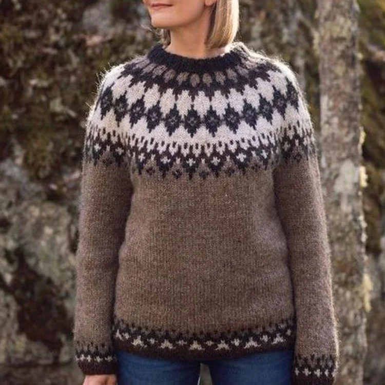 Comstylish Iceland Geometric Wave Jacquard Crew Neck Sweater