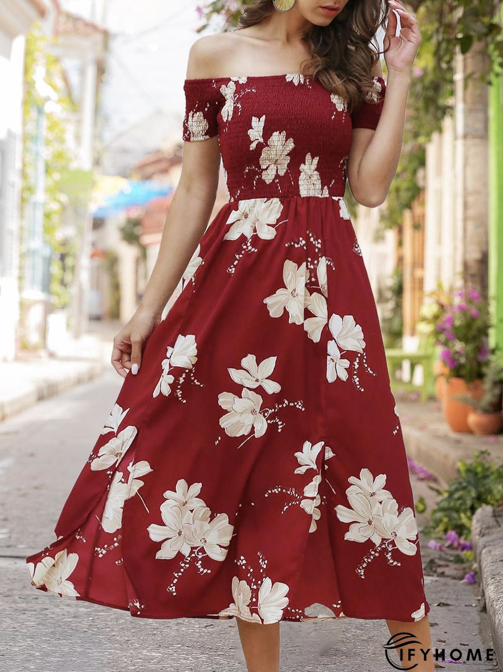 Horizontal Neck Holiday Floral  Midi Dress | IFYHOME