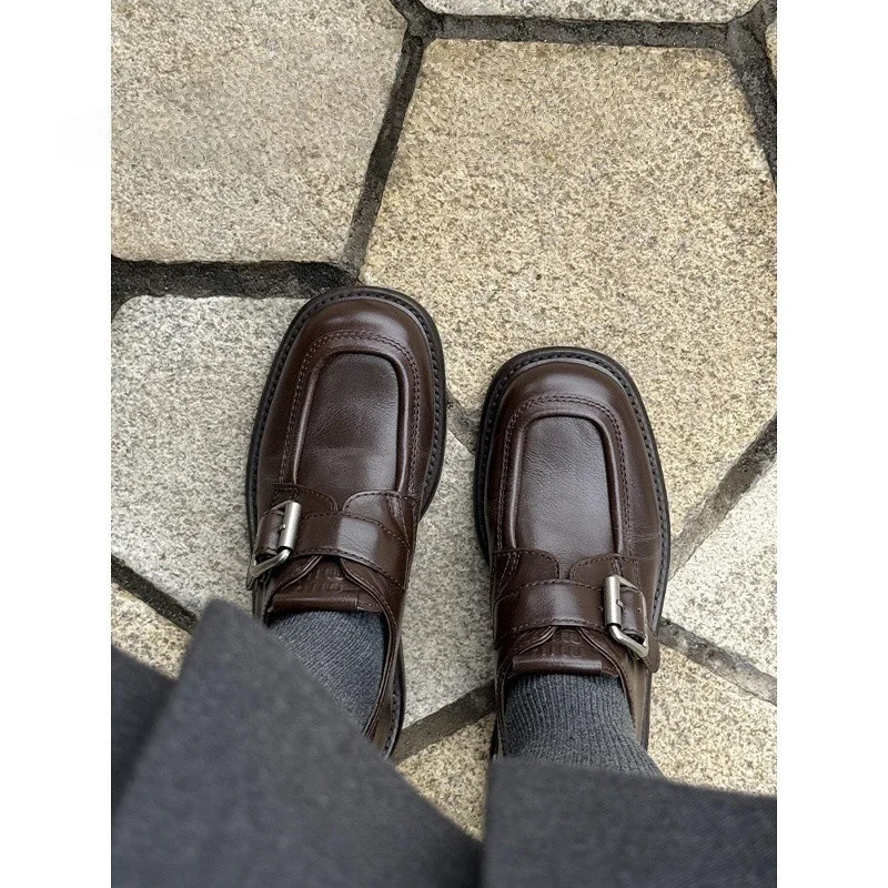 Breakj Breakj Belt Buckle Small Leather Shoes Women 2025 Coarse College Style Happy Shoes Lazy Single Shoes