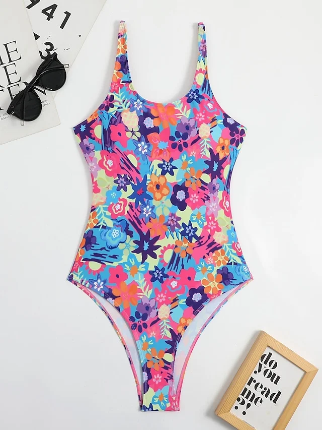 Women's Swimwear One Piece Normal Swimsuit Printing Floral Yellow Blue Sky Blue Orange Green Bodysuit Bathing Suits Sports Summer | IFYHOME