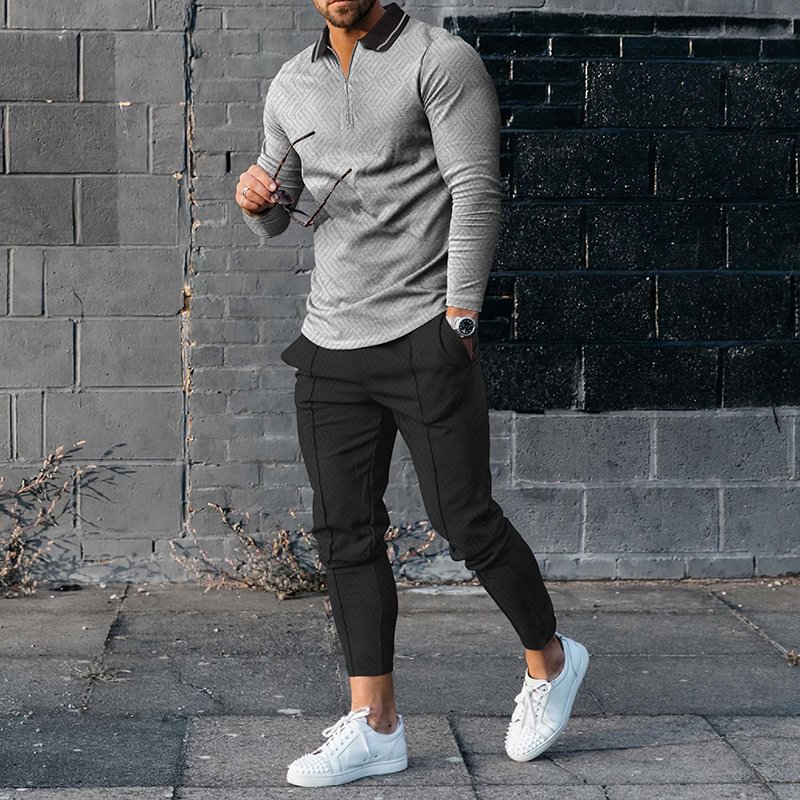Casual Contrast Color Polo Shirt And Pants Two Piece Set