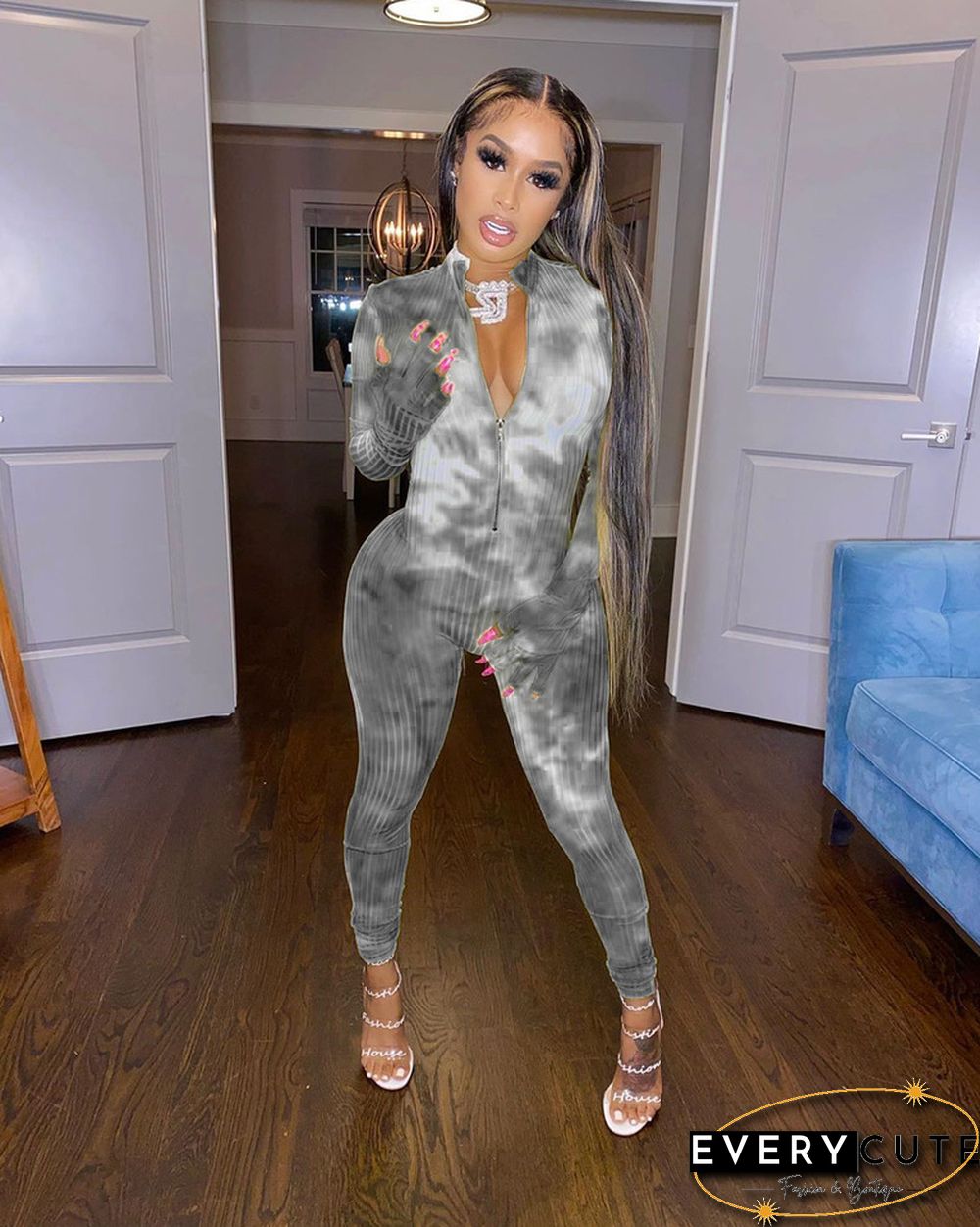 High Neck Tie-dye Zipper Slim Fit Fitness Jumpsuit