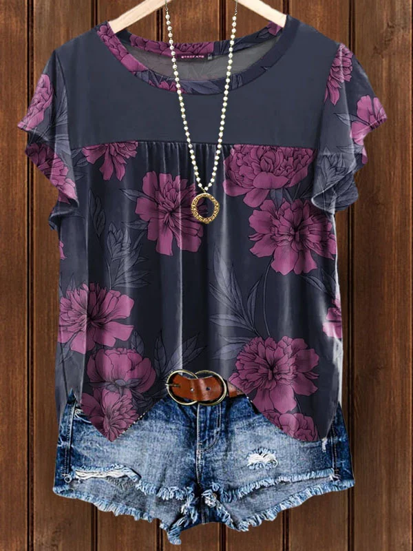 Round Neck Floral Print Bell Sleeve Top