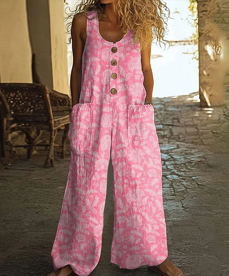 Vintage Floral Print Casual Wide-leg Jumpsuit