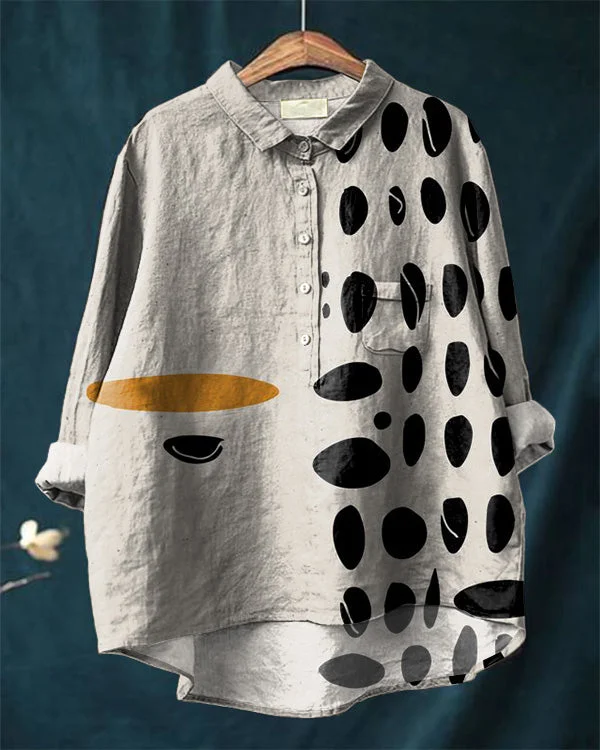 Vintage Abstract Art Print Cotton and Linen Casual Shirt