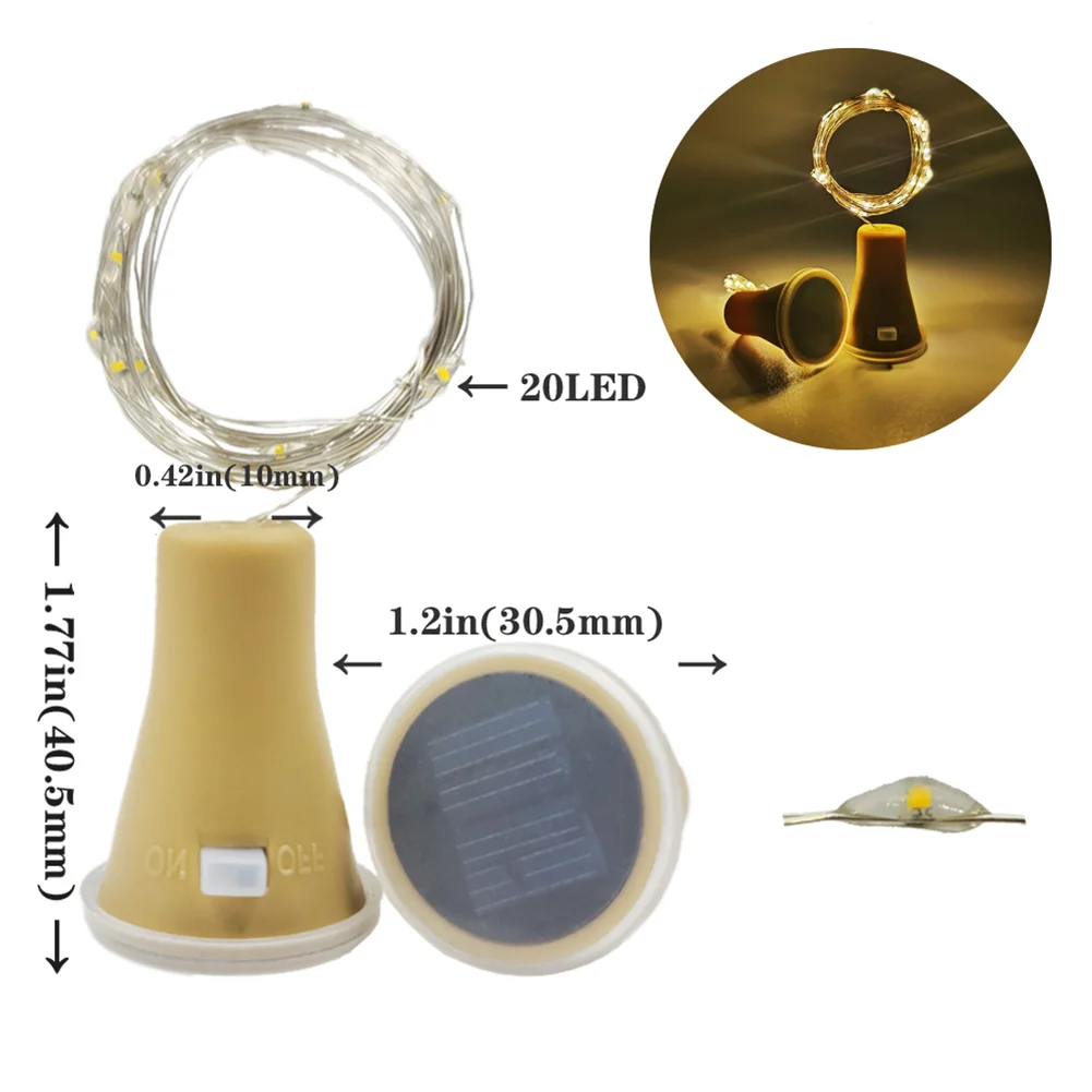 2m 20LED Solar Wine Bottle String Light Wedding Cork Garland Fairy Lamp