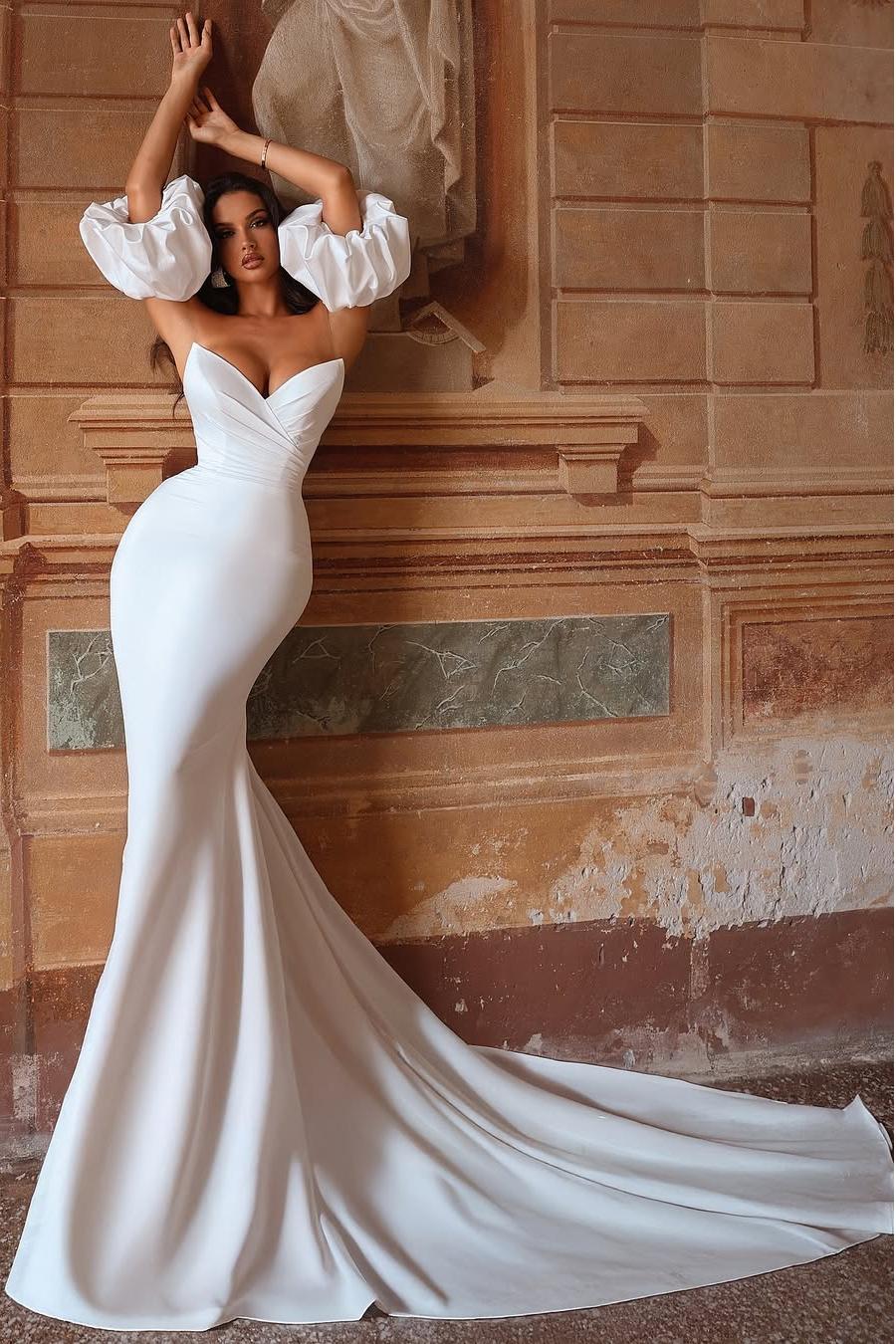 Oknass Strapless Bubble Sleeves Long Mermaid Prom Dress With Pleated 