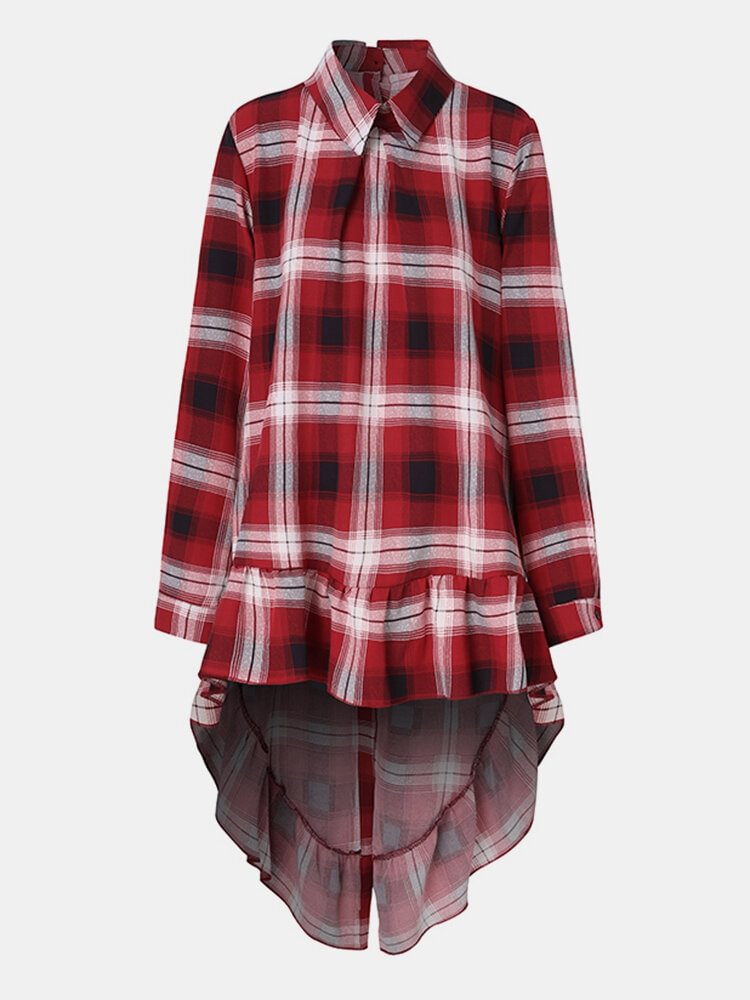 Plaid Print Ruffle Button Asymmetrical Hem Long Sleeve Casual Shirt P1792896