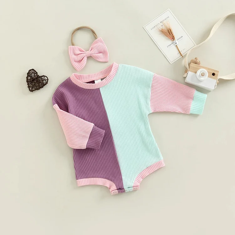 Baby Girl Block Color Knit Long Sleeve Bodysuit