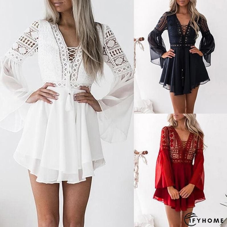 Hollow Out Chiffon Dress Cross Bandage Lace V-Neck Long Sleeve Dress | IFYHOME