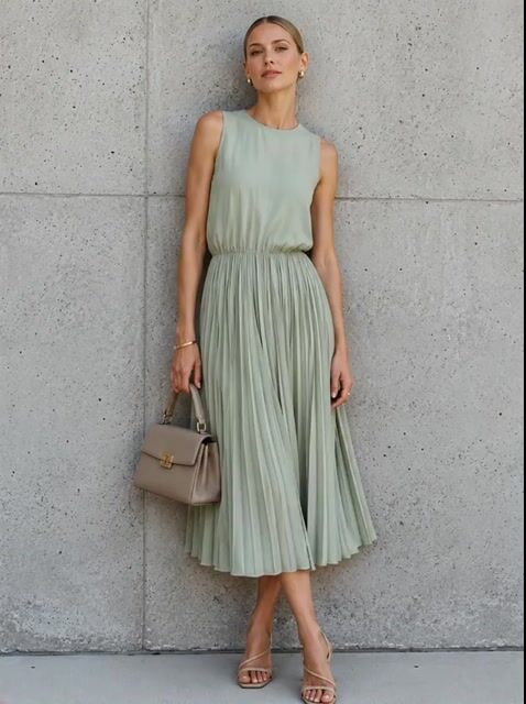 Women's Commuter Sage Green Cotton Blend Crew Neck Sleeveless Waist-Tailored Pleated Midi Dress MD