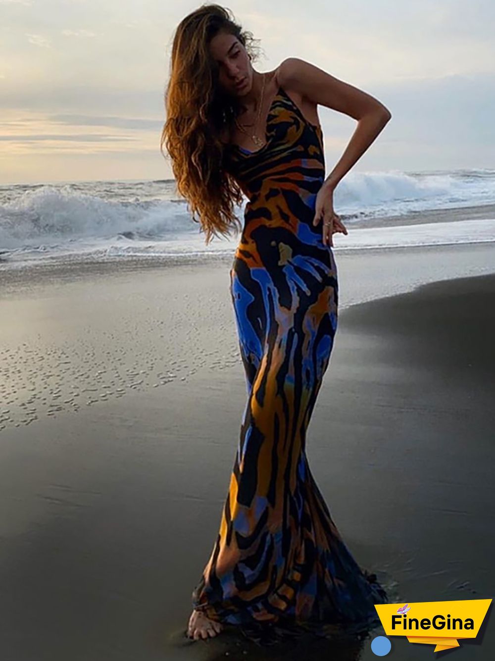 NewAsia Floral Maxi Dress Women Cowl Neck Spaghetti Strap Backless Print Beach Dresses Woman Party Night Sexy Long Dress Black