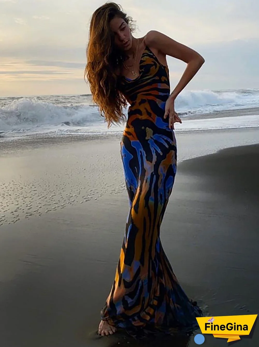 NewAsia Floral Maxi Dress Women Cowl Neck Spaghetti Strap Backless Print Beach Dresses Woman Party Night Sexy Long Dress Black