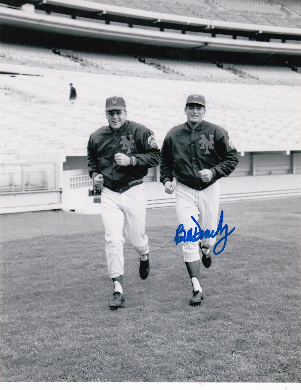 BILL DENEHY NEW YORK METS W/ TOM SEAVER ACTION SIGNED 8x10