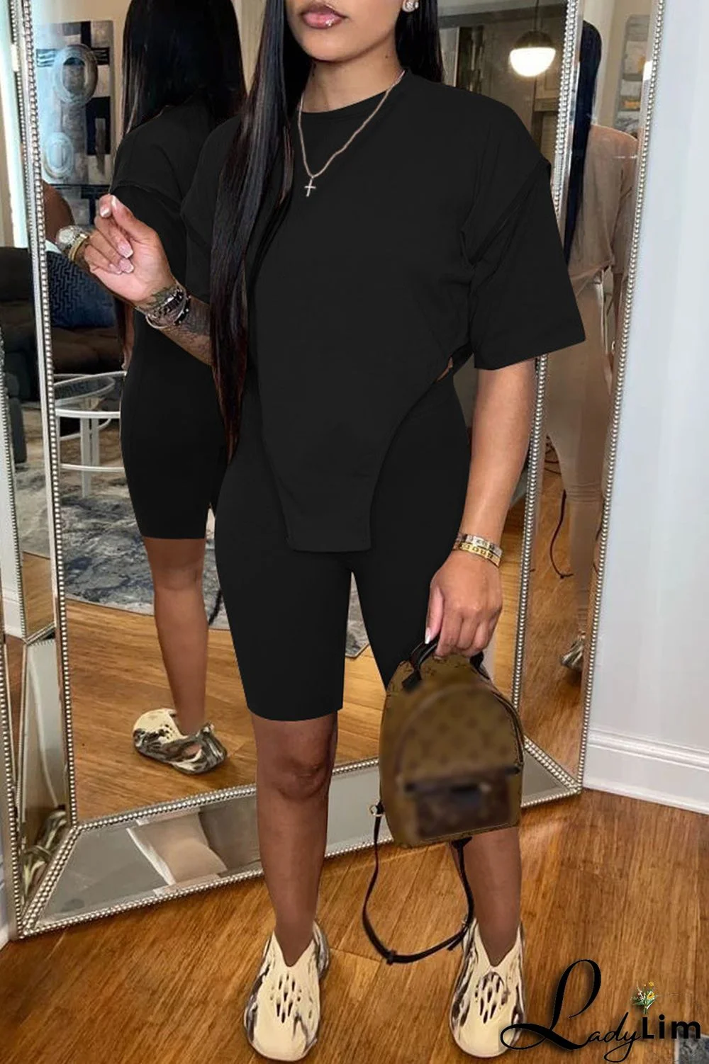 White Fashion Casual Solid Asymmetrical O Neck Short Sleeve Two Pieces