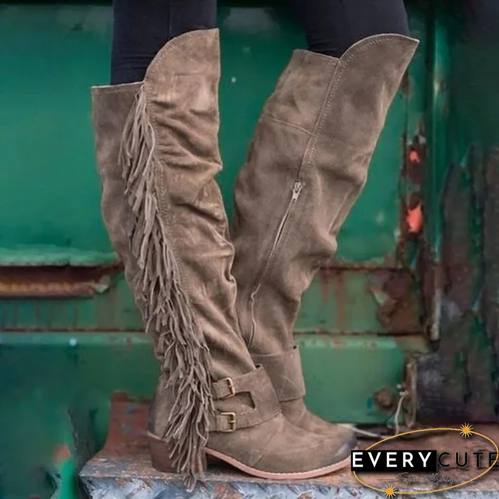 Suede Long Boots Women Over Knee Vintage Botas Chunky Heel Side-zipper Round Toe Tassel