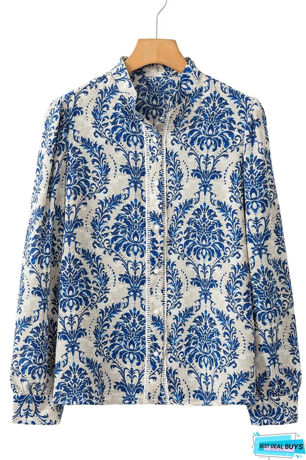 Sky Blue Bohemian Printed Bishop Sleeve Lace Shirt