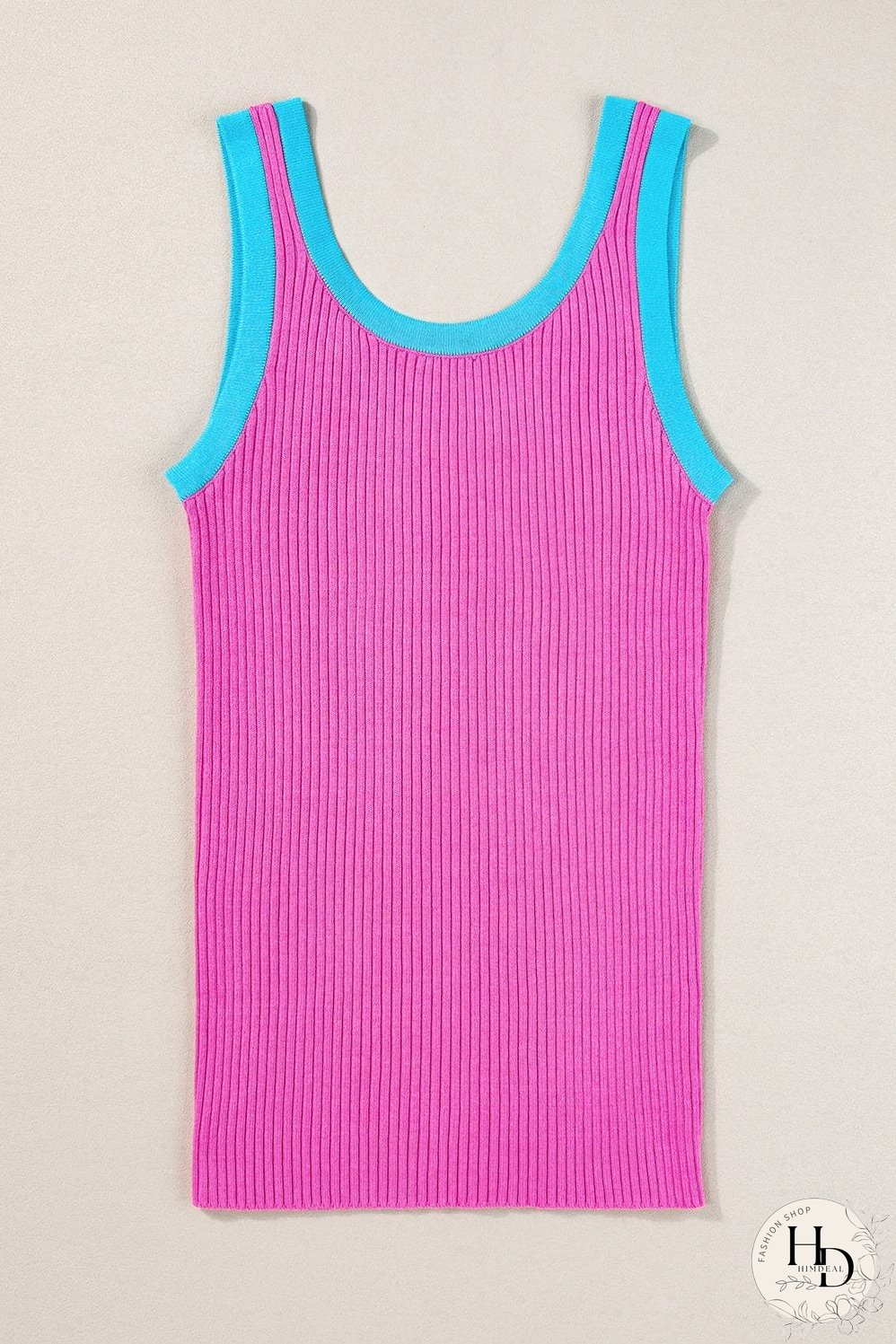 Bright Pink Ribbed Knit U Neck Tank Top with Colorblock Detail