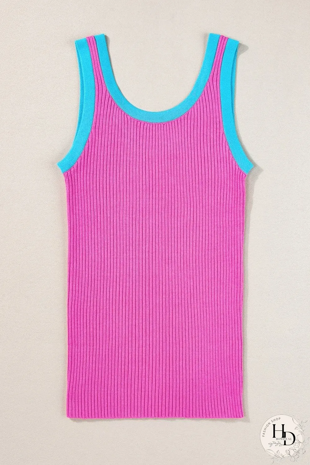 Bright Pink Ribbed Knit U Neck Tank Top with Colorblock Detail