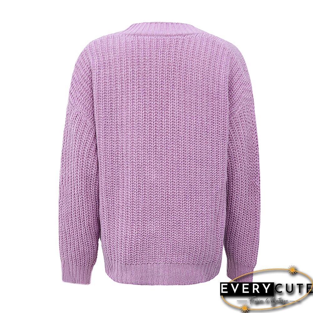 Purple Chunky Open Front Button Cardigan