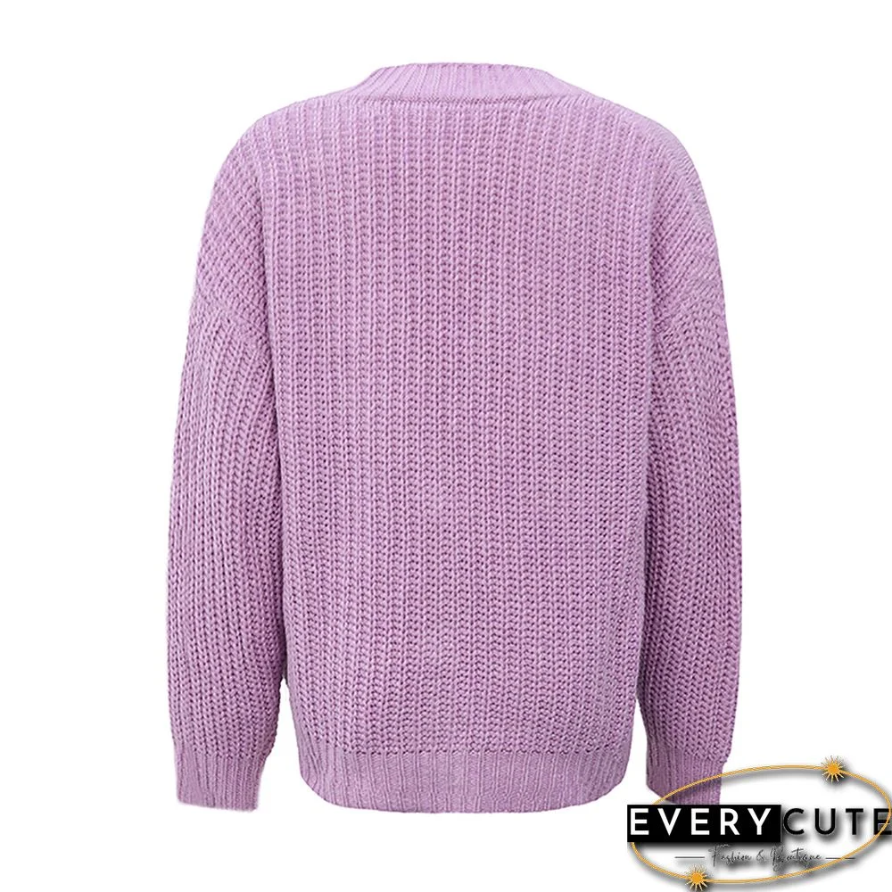 Purple Chunky Open Front Button Cardigan