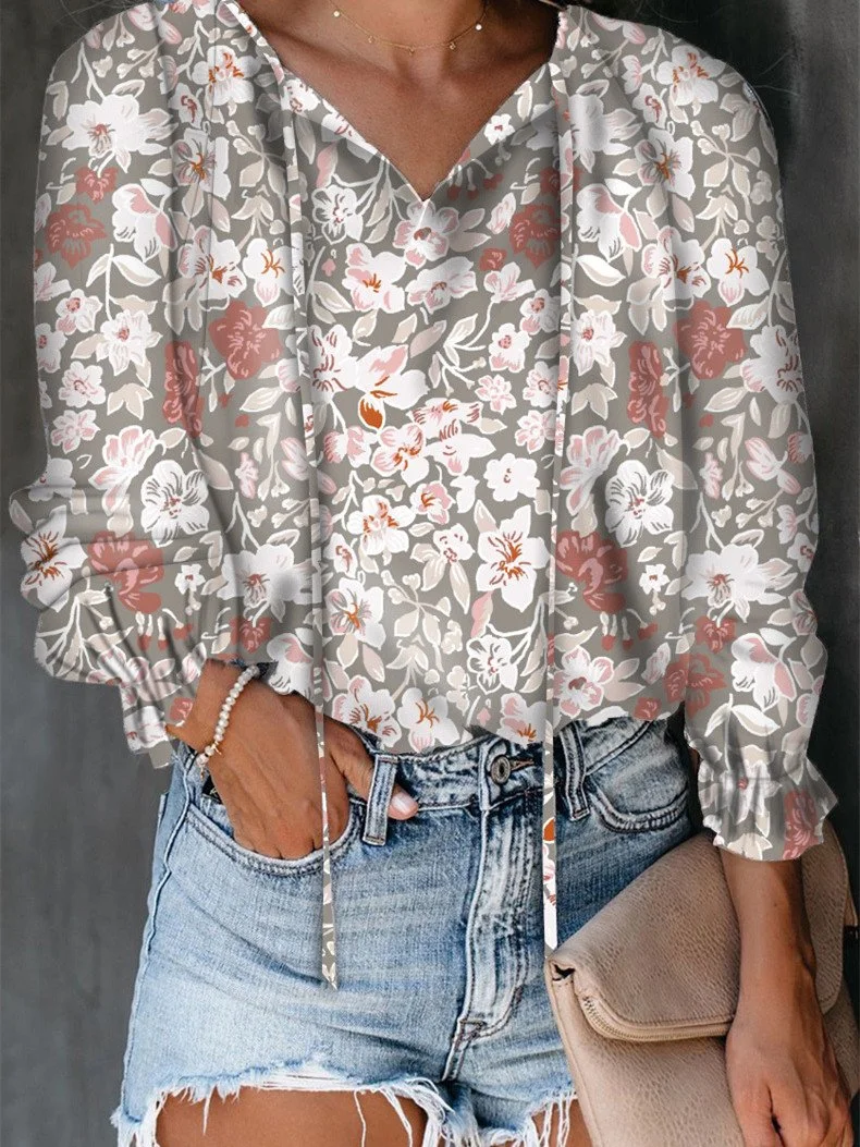 Women Long Sleeve V-neck Floral Printed Polka Dot Top