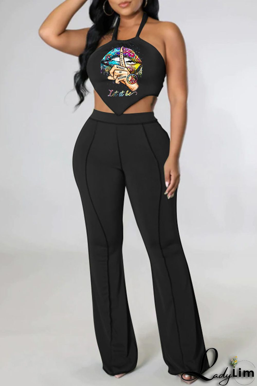 Orange Sexy Lips Printed Backless Asymmetrical Halter Sleeveless Two Pieces