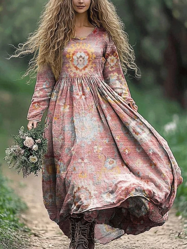 Women's Vintage Boho Folk Floral Print Crew Neck Pocket Cotton Dress