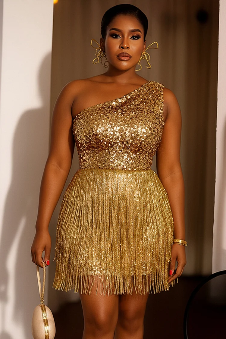 One Shoulder Sleeveless Sequin Fringe Hem Party Mini Dresses-Gold One Shoulder Sleeveless Sequin Fringe Hem Party Mini Dresses-Gold