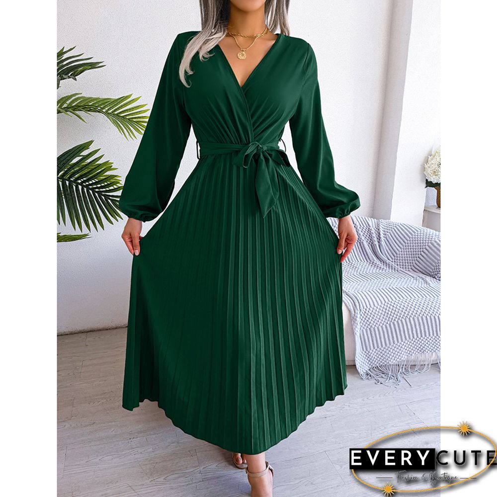 Green Wrap V Neck Pleated Long Sleeve Long Dress