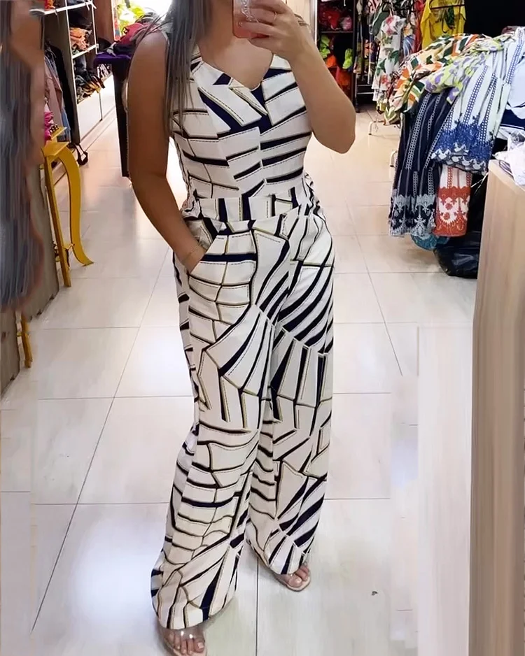 Casual V-neck Printed Jumpsuit
