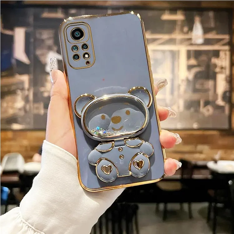 Quicksand Mirror Bear Phone Holder Case On For Xiaomi Redmi Note 11 8 12 10 9 Pro Max 10 5G 9s 10s 11s 9A 9T 9C Nfc Stand Cover