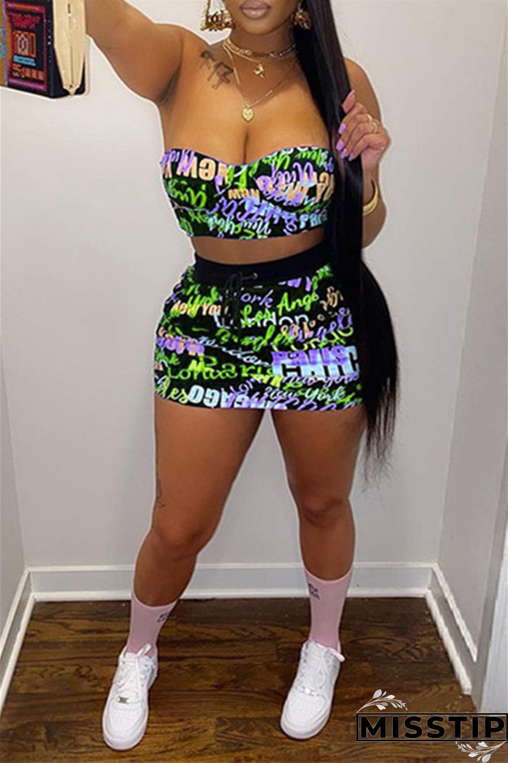 Peacock Blue Fashion Sexy Print Backless Strapless Sleeveless Two Pieces