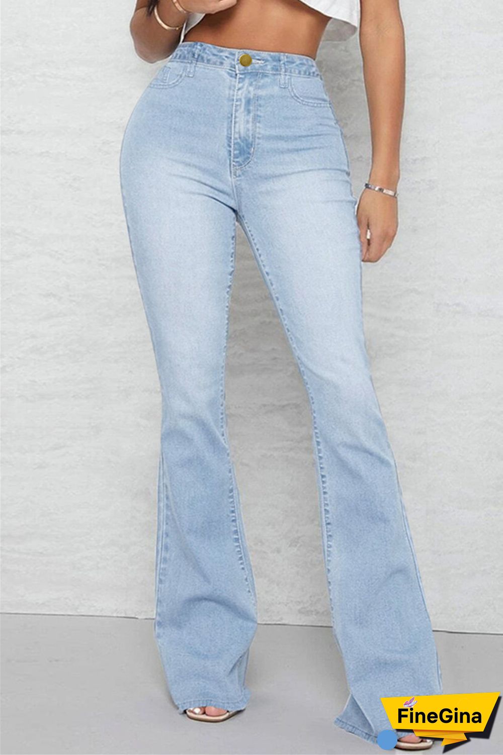 Baby Blue Casual Solid Patchwork Mid Waist Regular Denim Jeans