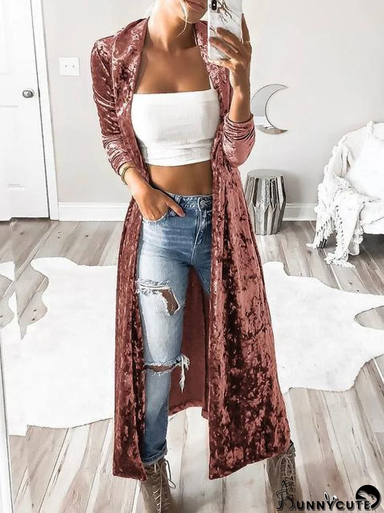 Solid Color Velvet Long Sleeved Long Cardigan