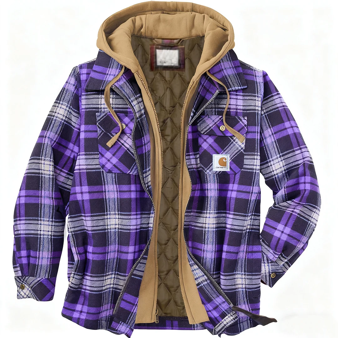 Men's Outdoor Casual Autumn And Winter Logo Classic Plaid Hooded Jacket