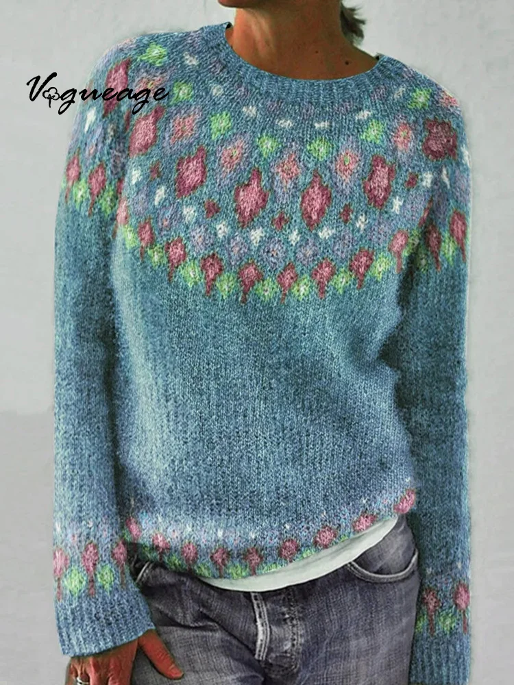 Round Neck Colorblock Loose Fashionable Pullover Knitted Sweater