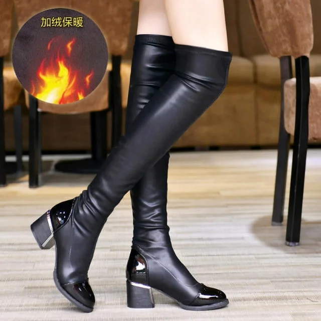 comemore 2021 Women booties Autumn Winter plush Warm Knee-high Long Boots Woman leather Heel Height Shoes Ladies Motorcycle 2022