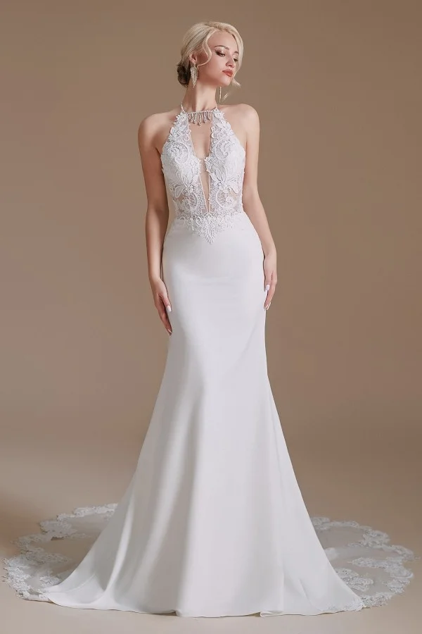 Elegant Mermaid Halter Backless Long Satin Wedding Dresses With Appliques Lace | Ballbellas Ballbellas