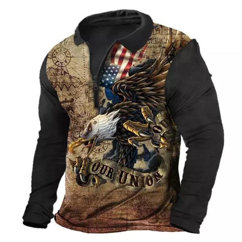 Men's Nautical Map Eagle Print Contrast Long Sleeve Polo T-Shirt
