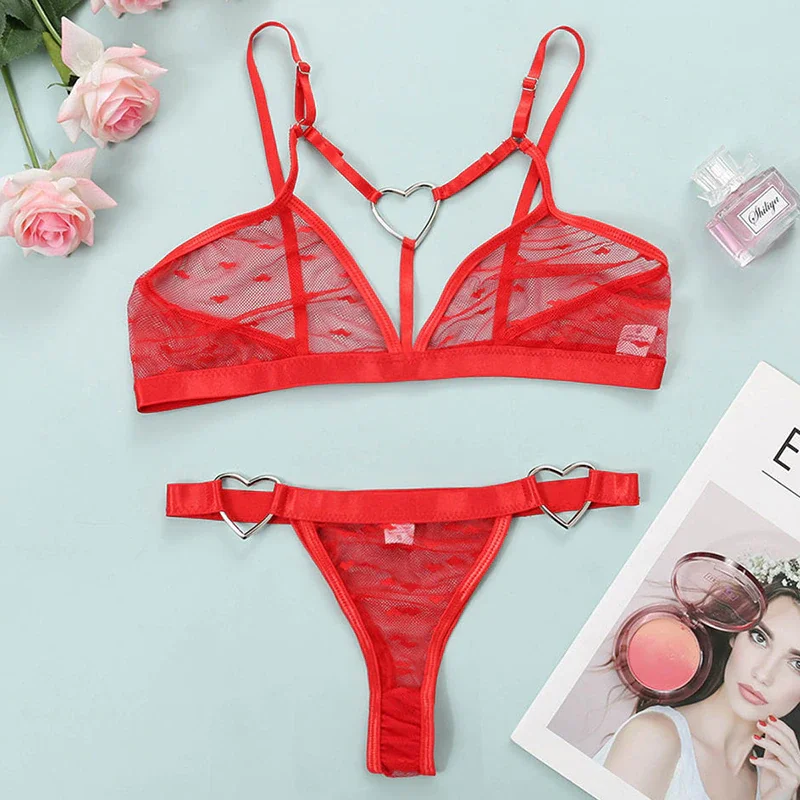Billionm Women Sexy Erotic Lingerie Porn Bra G-String Set See Through Lace Temptation Sleepwear Love Heart Leopard Print Underwear Set