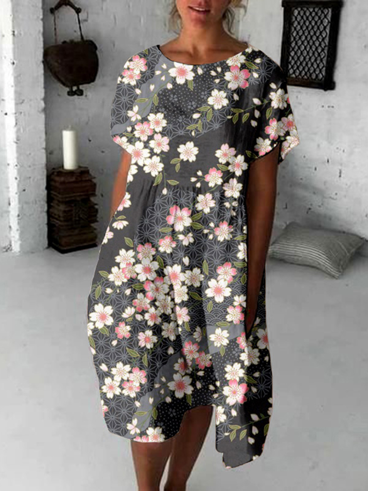 Comstylish Vintage Cherry Blossom Japanese Flowy Midi Dress
