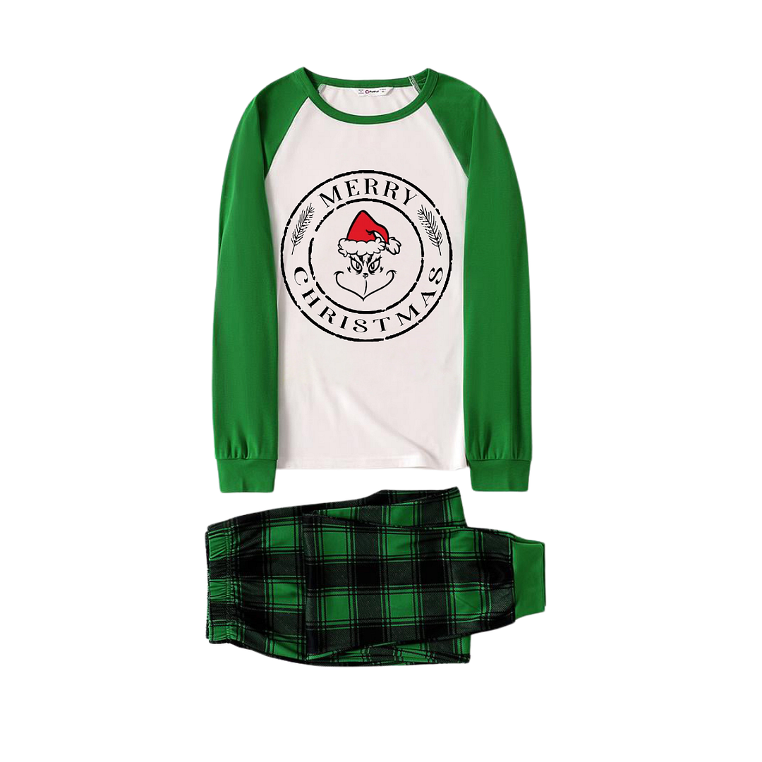 Cartoon Face and Merry Christmas Text Print Long Sleeve Top With Green & Black Plaid Family Matching Pajamas
