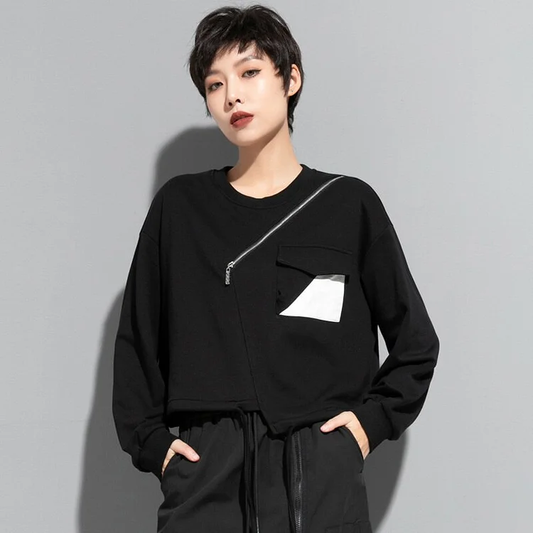 Urban Round Neck Contrast Color Pocket Zipper Decor Drawstring Hem Long Sleeve Sweatshirt   