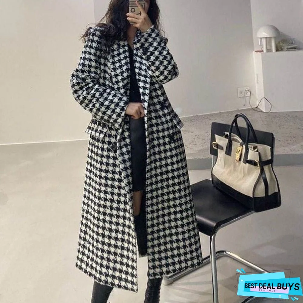 Fashion Classic Thousand Bird Grid Medium Long Over Knee Woolen Coat