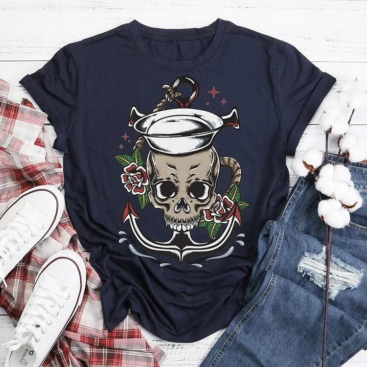 Sailor skull with flower and Anchor  T-Shirt Tee-06084-Annaletters