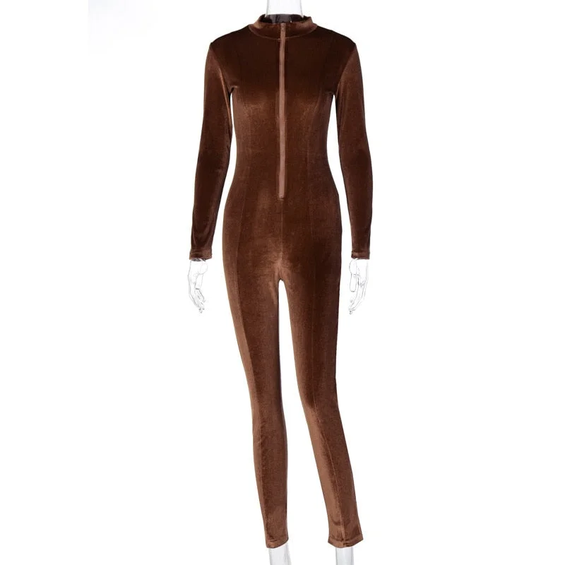 Hawthaw Autumn Winter Women Long Sleeve Velvet Zipper Fitness Bodycon Jumpsuit Overall 2021 Fall Clothes Streetwear Wholesale