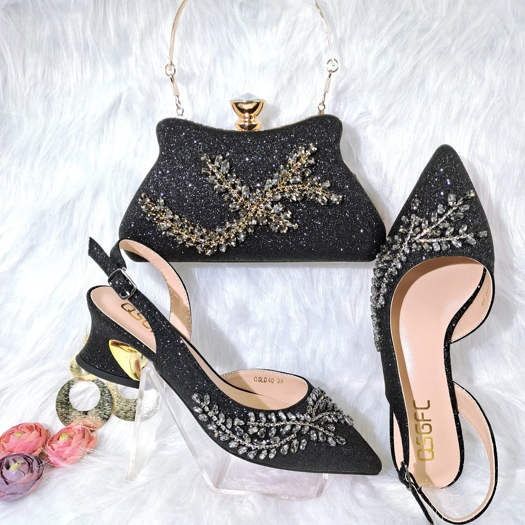 QSGFC 2022 Latest Black Noble And Elegant Fashion Rhinestone Accessories Pointed Toe Women's Shoes Bag Set