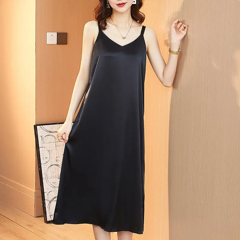 Uveng Women Satin Dress Summer New Strap Sleeveless Silk Dress Women Loose Long Dress Oversized Casual Dresses Robe Femme 14306